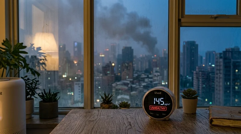 Hazy city skyline from an apartment window