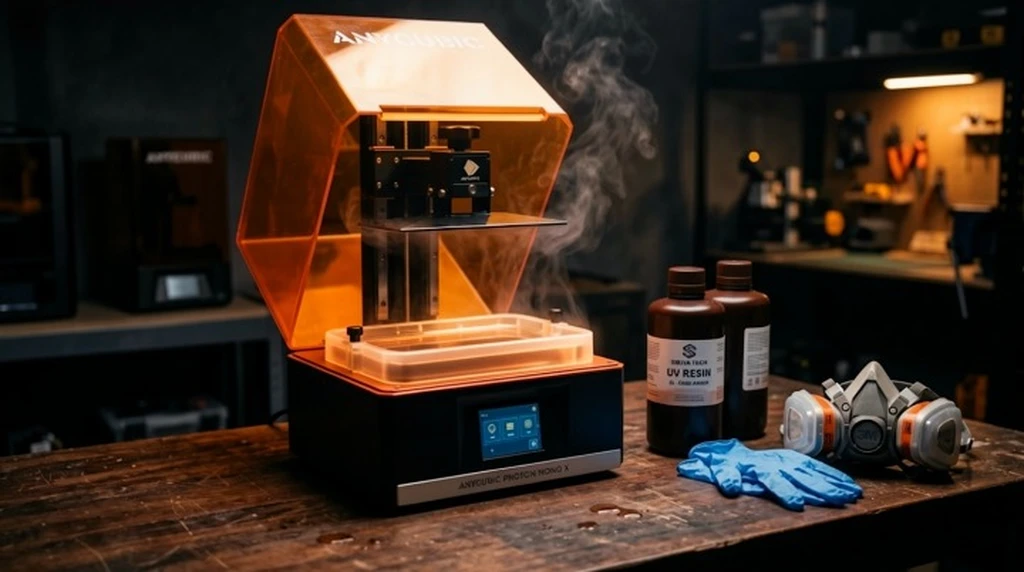 Resin 3D printer setup with UV resin bottles, gloves and a respirator mask