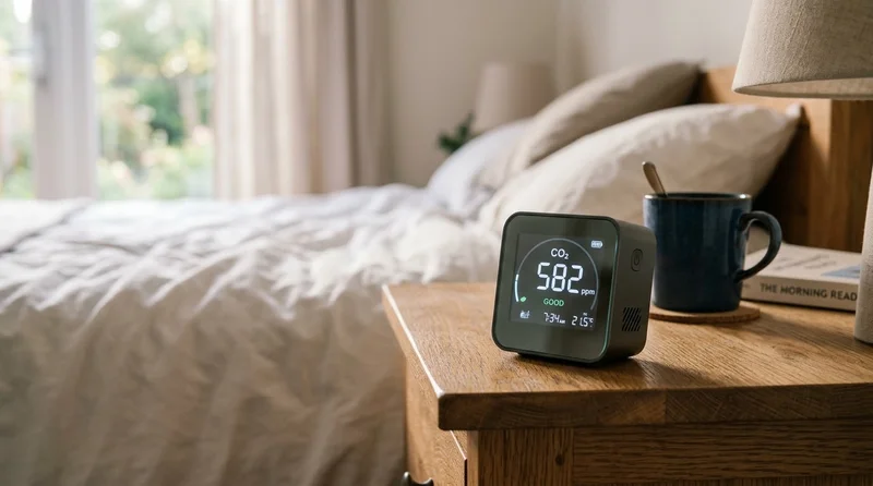 CO2 monitor on a nightstand in a small apartment bedroom
