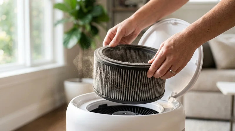 Removing a dusty HEPA filter for inspection