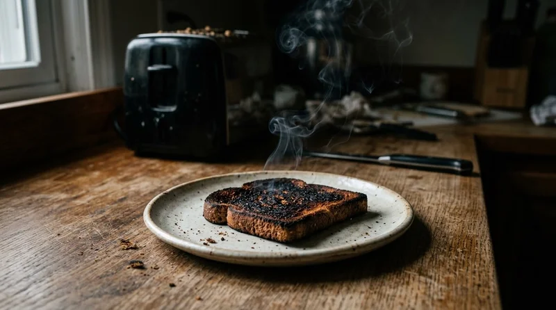 Burnt toast with smoke wisps in the kitchen