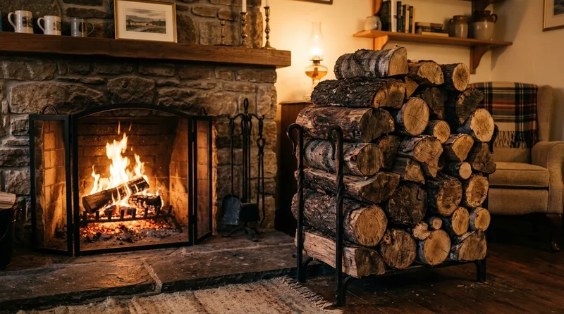 Fireplace with seasoned firewood and an air purifier nearby