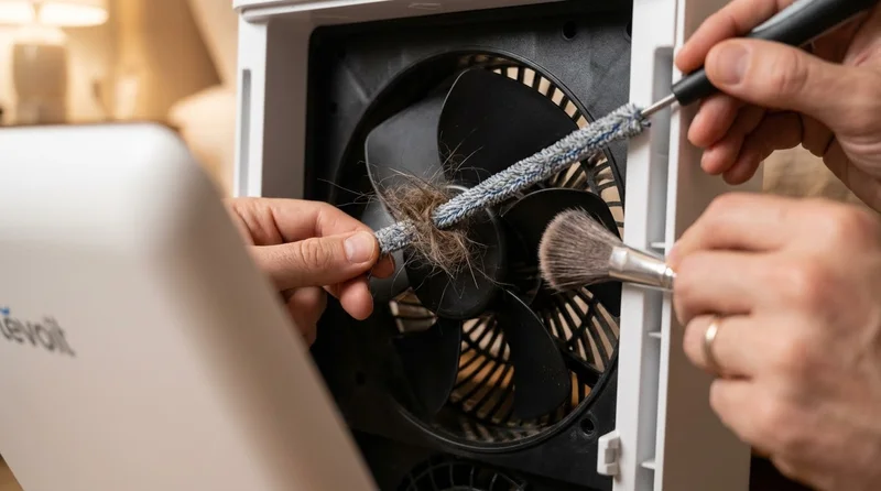 Dust and pet hair on an air purifier fan blade