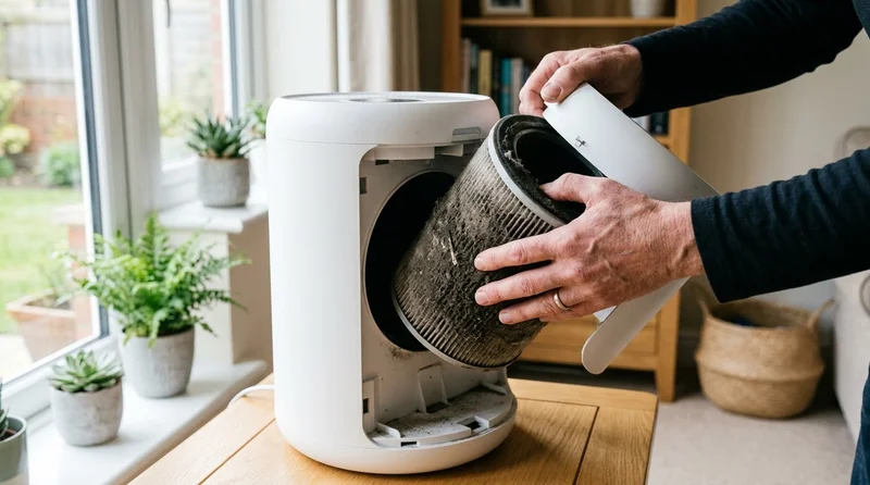 Sniffing an air purifier filter to check for saturation