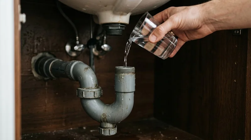 Pouring water into a P-trap drain under a kitchen sink