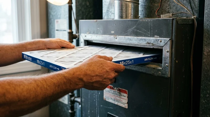 Furnace room with HVAC filter and portable purifier