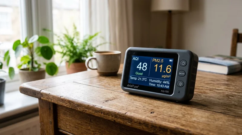 Air quality monitor showing PM2.5 readings