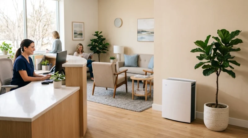 A modern dental clinic operatory with a quiet air purifier in the corner