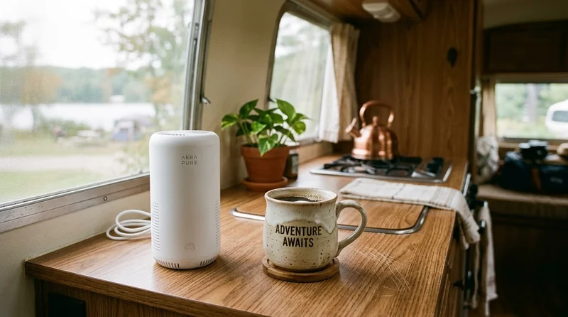 Camper van interior with a compact air purifier