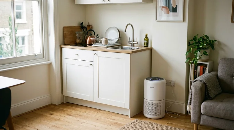 Compact studio apartment with a white air purifier