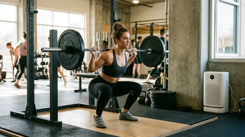 Gym training floor with air purifier against the wall