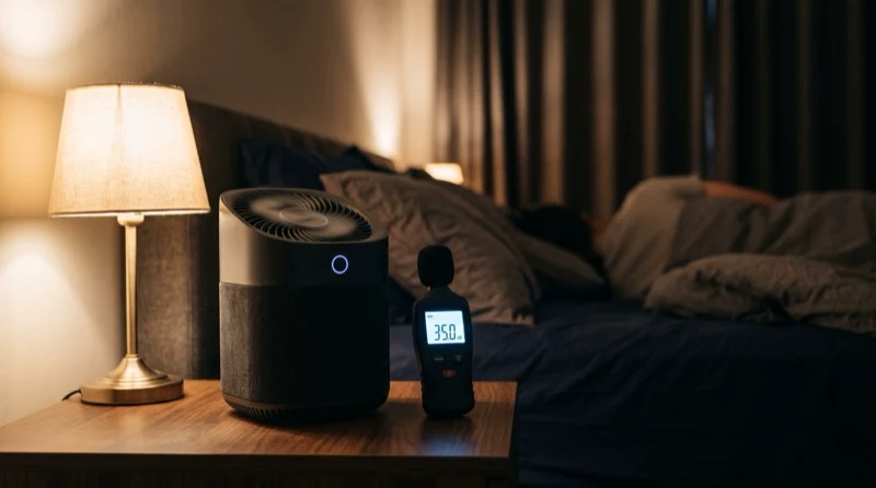 Nighttime nursery with a dim night light and a small white air purifier