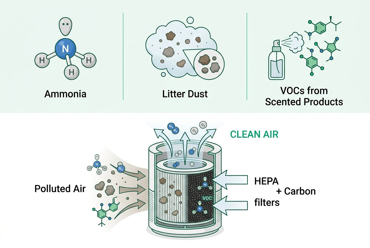 Ammonia gas, dust particles, and VOCs make up cat litter smell, all three need different filtration