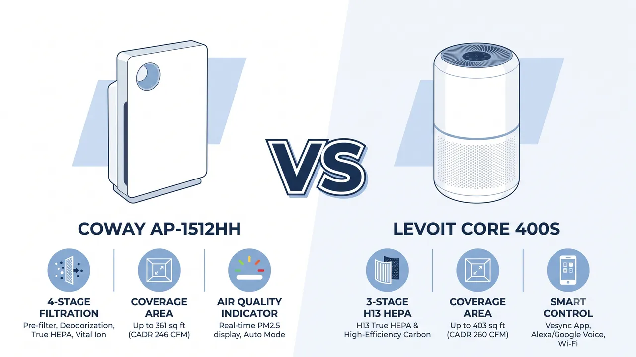 Coway AP-1512HH vs Levoit Core 400S: 2026 Comparison