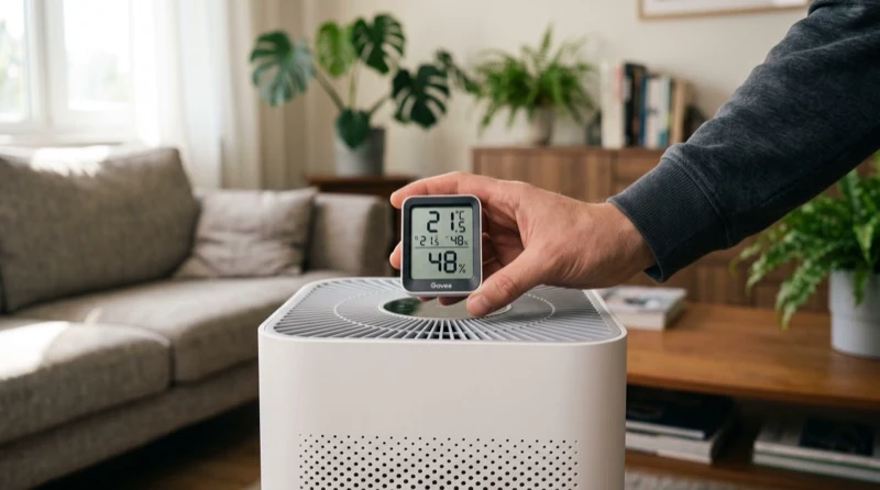 Humidifier and air purifier side by side with a hygrometer on a nightstand