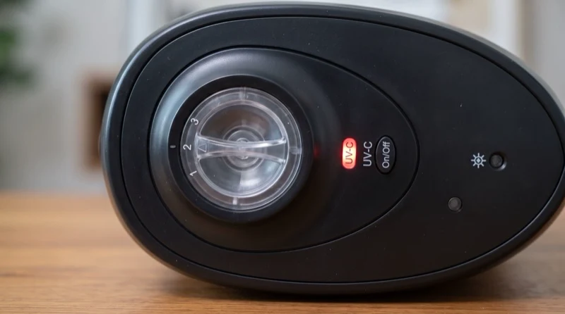 The white GermGuardian AC4825 on a nightstand in a bright bedroom
