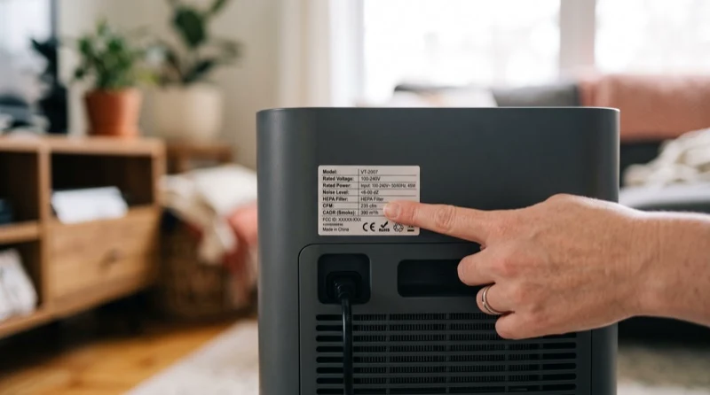 Comparing CADR specs and a tape measure on a table, choosing an air purifier
