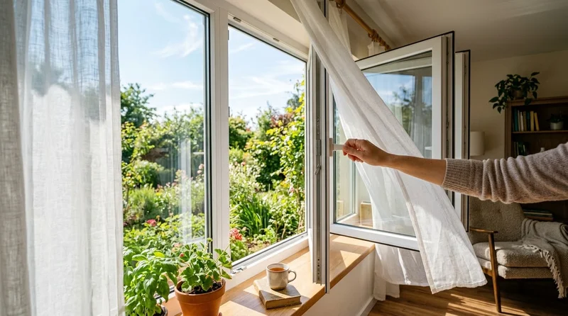 Opening a window to ventilate after cleaning