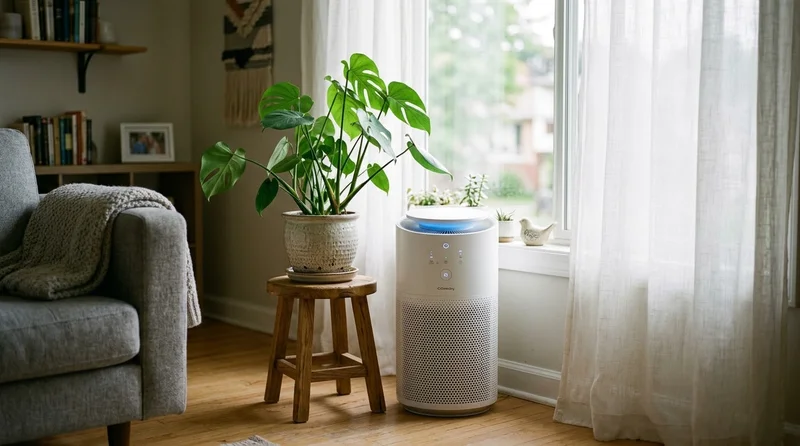 Cozy living room with an air purifier beside a plant