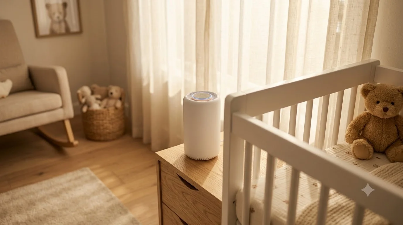 A well-ventilated nursery with an air purifier running near the crib