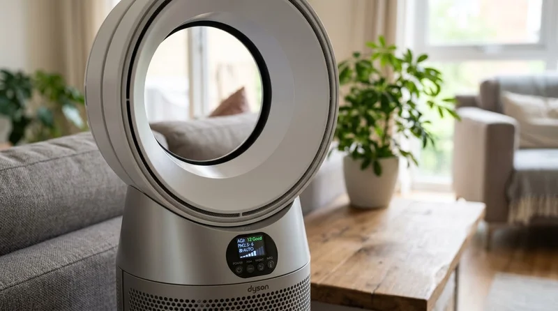 Dyson-style bladeless purifier in a stylish living room
