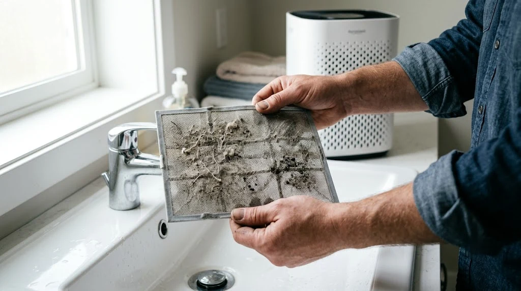 Hands holding a dust-clogged pre-filter over a sink