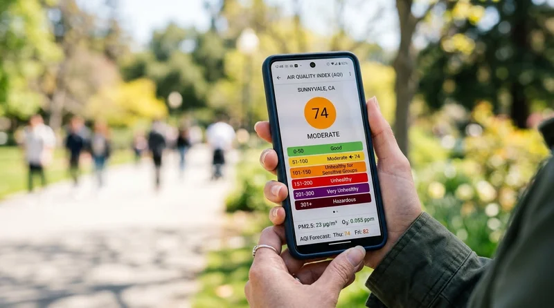 Checking air quality on a smartphone at a park