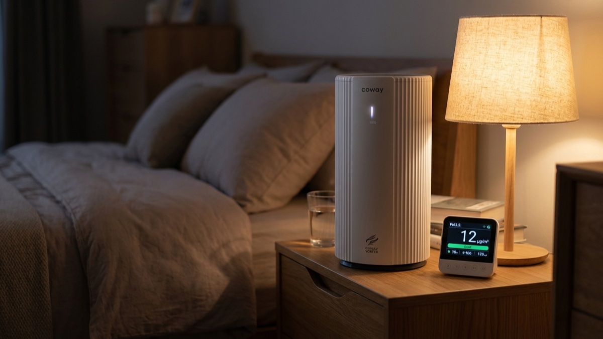 Air purifier testing in bedroom with PM2.5 monitor
