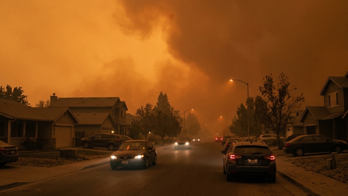 Wildfire smoke covering residential neighborhood