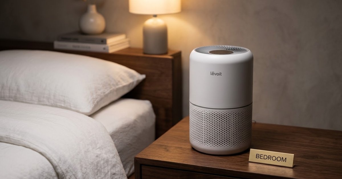 Levoit Core 300-P on a bedside table in a cozy bedroom